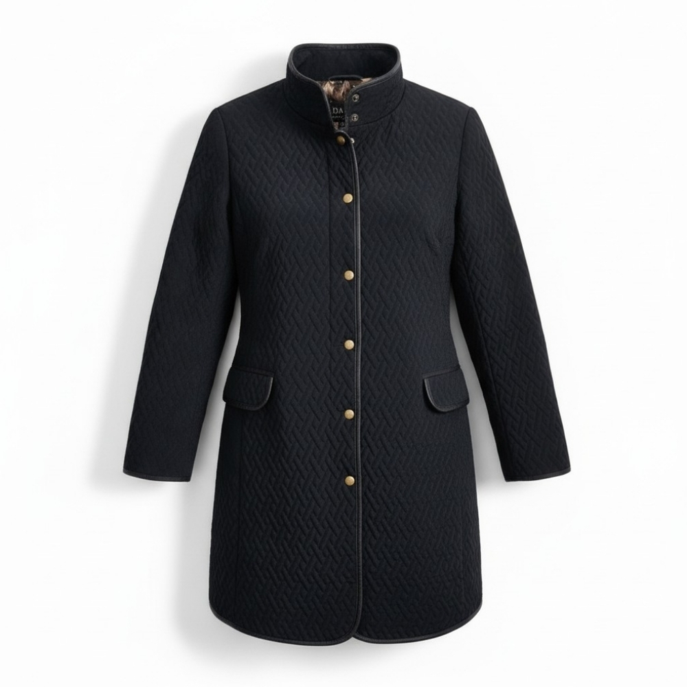 Dana Buchman Black Quilted Long Coat Women’s Snap Front Leather Trim Insulated